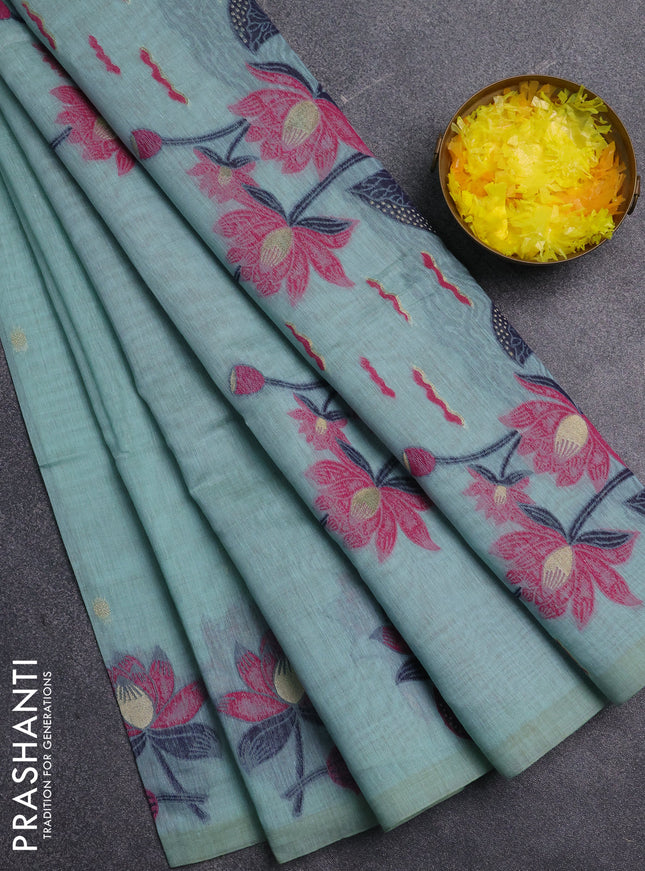 Jamdhani cotton saree teal blue and pink with allover thread & zari woven buttas and jamdhani pallu