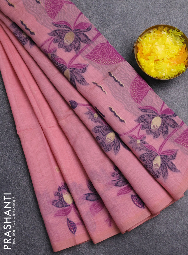 Jamdhani cotton saree peach pink and navy blue with allover thread & zari woven buttas and jamdhani pallu