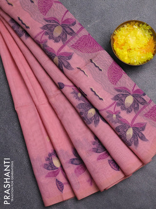 Jamdhani cotton saree peach pink and navy blue with allover thread & zari woven buttas and jamdhani pallu