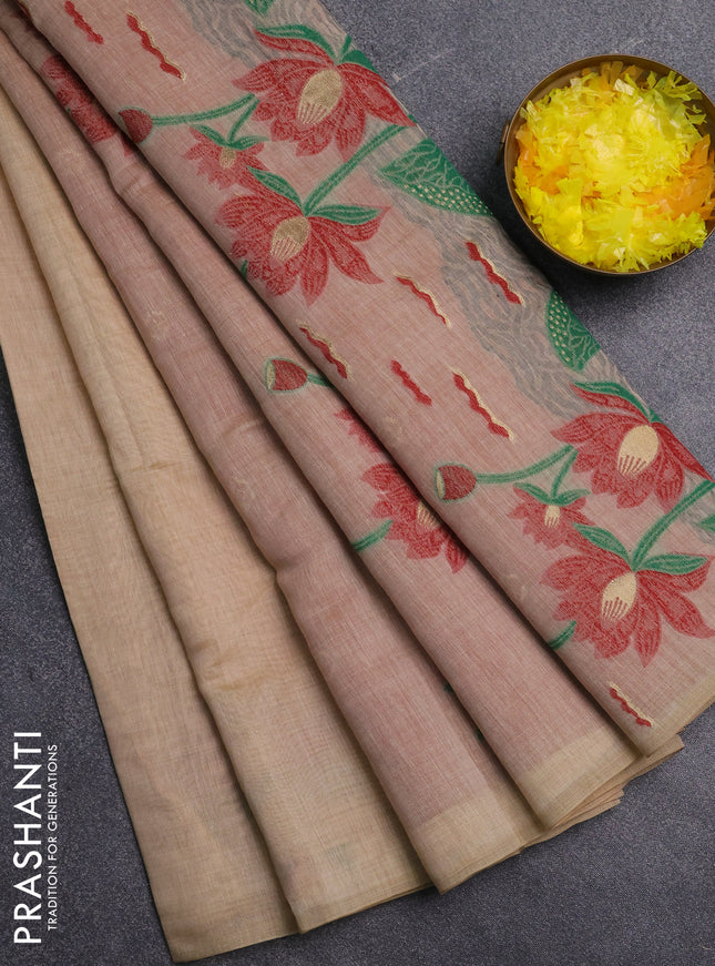 Jamdhani cotton saree beige and maroon with allover thread & zari woven buttas and jamdhani pallu