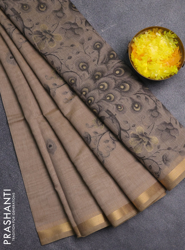 Jamdhani cotton saree beige and grey with thread woven buttas and jamdhani pallu
