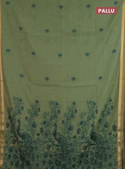 Jamdhani cotton saree pista green and bottle green with thread woven buttas and jamdhani pallu