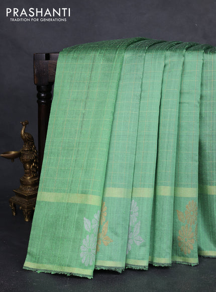 Pure dupion silk saree light green with allover zari checked pattern and rettapet zari woven butta border