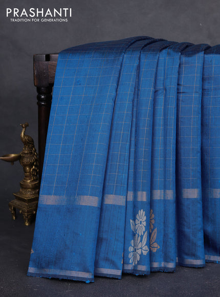 Pure dupion silk saree cs blue with allover zari checked pattern and rettapet zari woven butta border