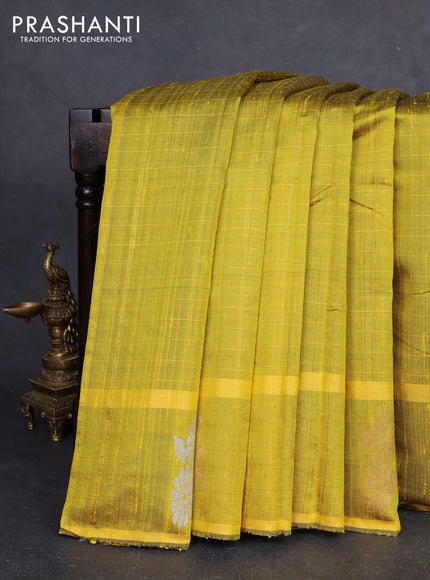 Pure dupion silk saree lime yellow with allover zari checked pattern and rettapet zari woven butta border