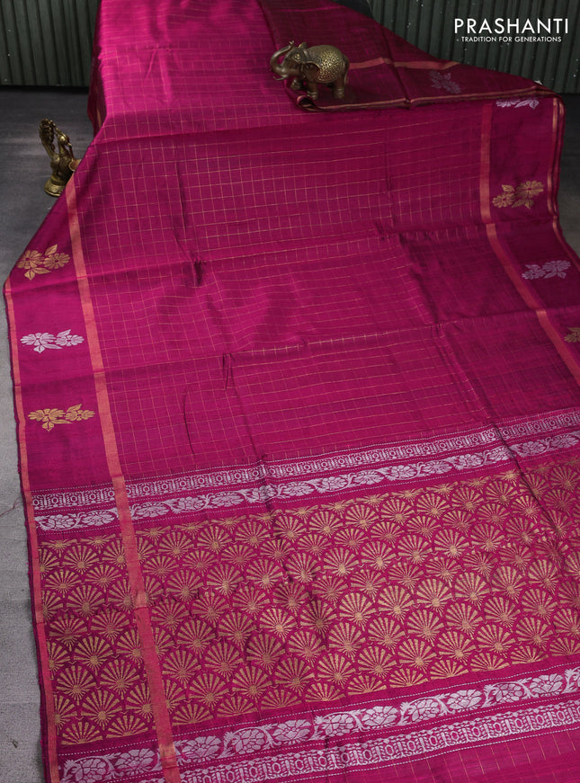 Pure dupion silk saree pink with allover zari checked pattern and rettapet zari woven butta border