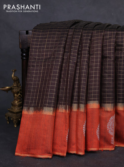 Pure dupion silk saree coffee brown and orange with allover zari checked pattern and rettapet zari woven butta border