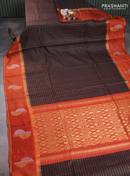 Pure dupion silk saree coffee brown and orange with allover zari checked pattern and rettapet zari woven butta border