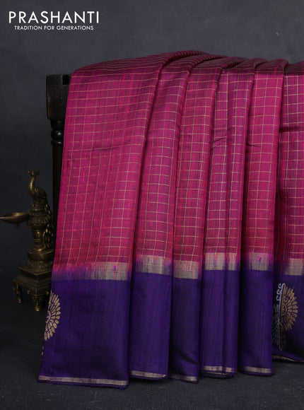 Pure dupion silk saree pink and violet with allover zari checked pattern and rettapet zari woven butta border