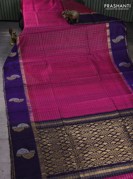 Pure dupion silk saree pink and violet with allover zari checked pattern and rettapet zari woven butta border