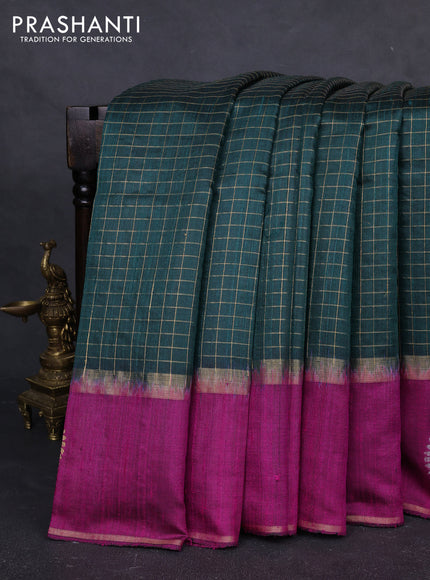 Pure dupion silk saree bottle green and magenta pink with allover zari checked pattern and rettapet zari woven butta border