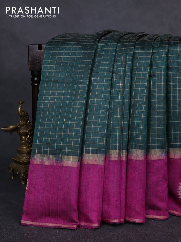 Pure dupion silk saree bottle green and magenta pink with allover zari checked pattern and rettapet zari woven butta border