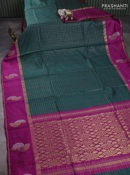 Pure dupion silk saree bottle green and magenta pink with allover zari checked pattern and rettapet zari woven butta border