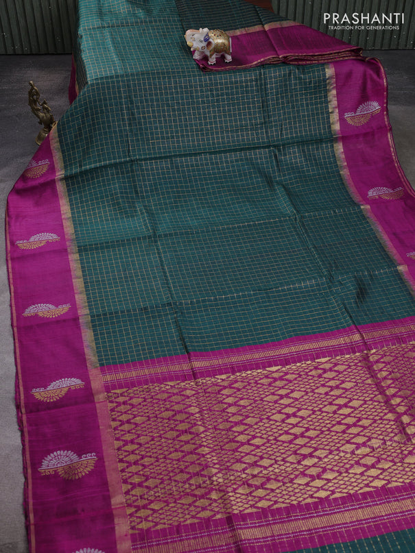 Pure dupion silk saree bottle green and magenta pink with allover zari checked pattern and rettapet zari woven butta border