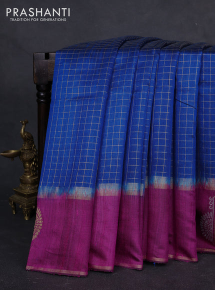 Pure dupion silk saree cs blue and magenta pink with allover zari checked pattern and rettapet zari woven butta border