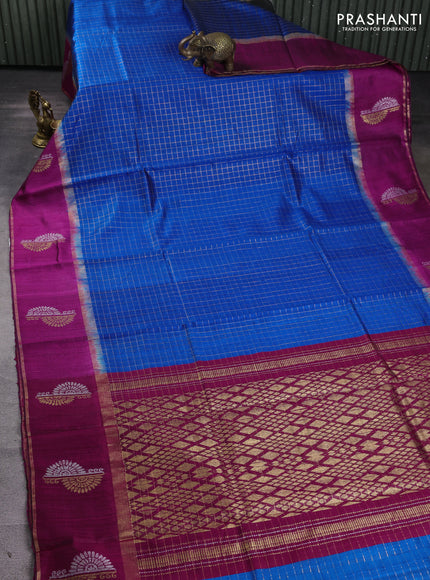 Pure dupion silk saree cs blue and magenta pink with allover zari checked pattern and rettapet zari woven butta border