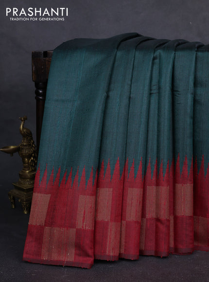 Pure dupion silk saree bottle green and red with plain body and temple design zari woven butta border