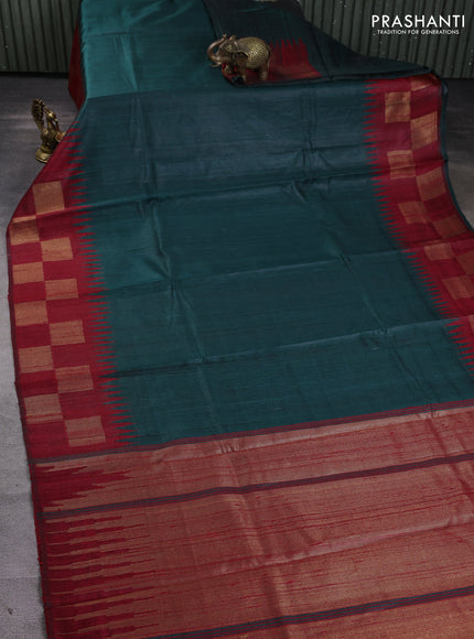 Pure dupion silk saree bottle green and red with plain body and temple design zari woven butta border