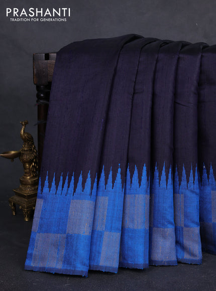 Pure dupion silk saree navy blue and cs blue with plain body and temple design zari woven butta border