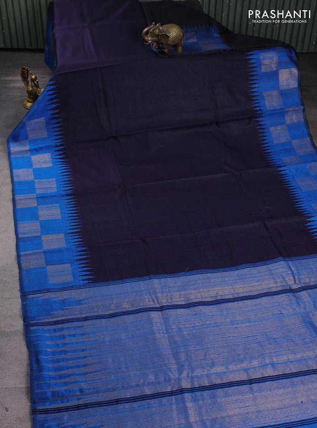 Pure dupion silk saree navy blue and cs blue with plain body and temple design zari woven butta border