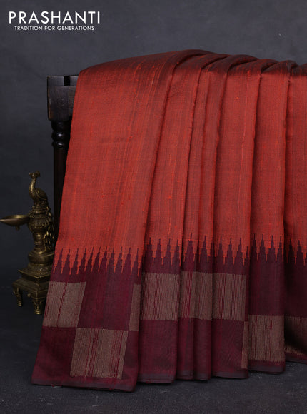 Pure dupion silk saree orange and deep maroon with plain body and temple design zari woven butta border