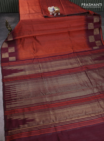 Pure dupion silk saree orange and deep maroon with plain body and temple design zari woven butta border