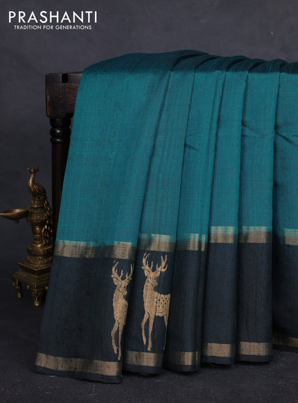 Pure dupion silk saree teal green and bottle green with zari woven buttas and rettapet zari woven butta border
