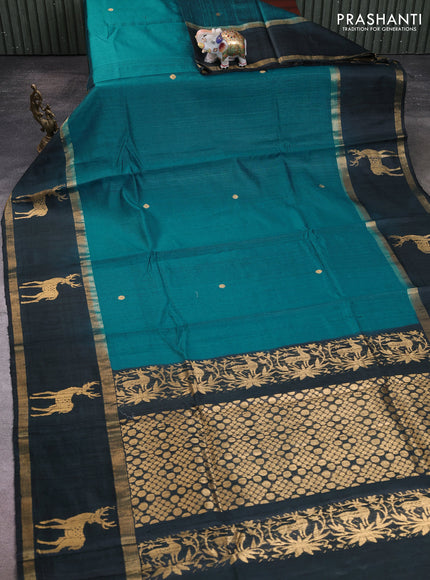 Pure dupion silk saree teal green and bottle green with zari woven buttas and rettapet zari woven butta border