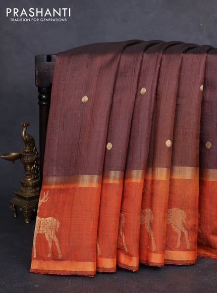 Pure dupion silk saree brown and orange with zari woven buttas and rettapet zari woven butta border