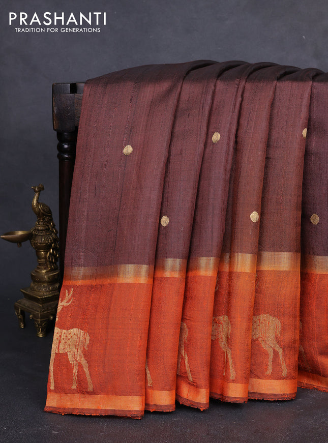 Pure dupion silk saree brown and orange with zari woven buttas and rettapet zari woven butta border