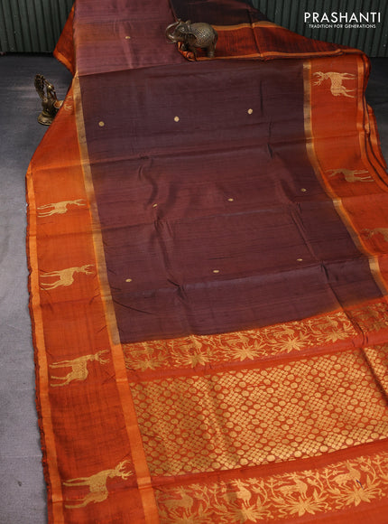 Pure dupion silk saree brown and orange with zari woven buttas and rettapet zari woven butta border
