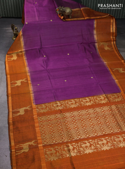 Pure dupion silk saree purple and orange with zari woven buttas and rettapet zari woven butta border