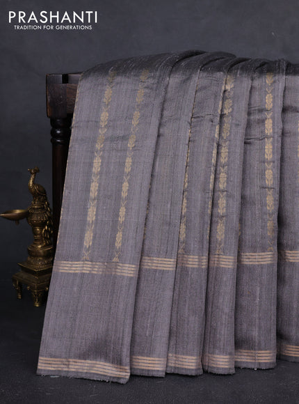 Pure dupion silk saree grey with allover zari woven buttas and rettapet zari woven border