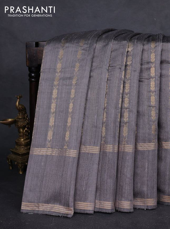 Pure dupion silk saree grey with allover zari woven buttas and rettapet zari woven border