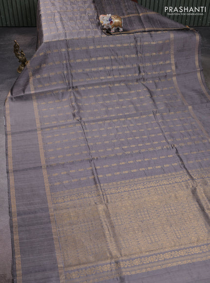 Pure dupion silk saree grey with allover zari woven buttas and rettapet zari woven border
