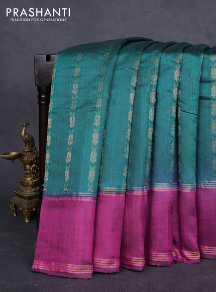 Pure dupion silk saree peacock green and pink with allover zari woven buttas and rettapet zari woven border