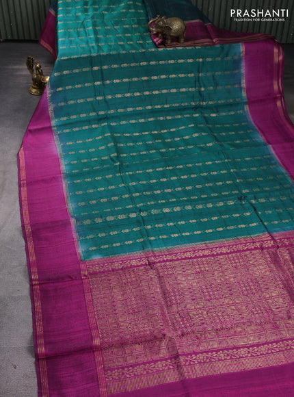Pure dupion silk saree peacock green and pink with allover zari woven buttas and rettapet zari woven border