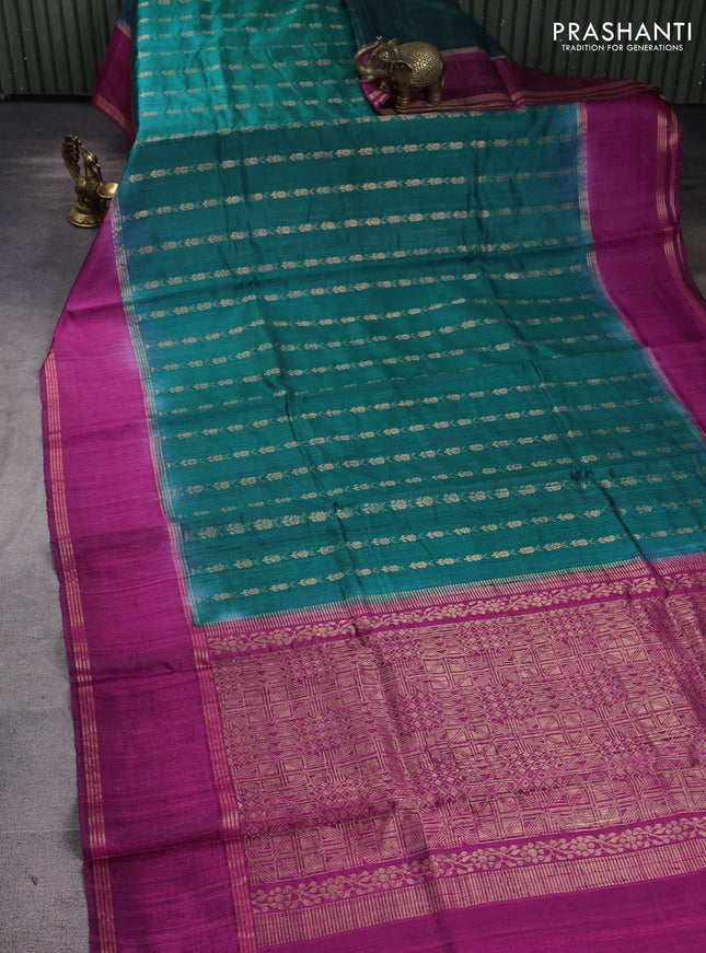 Pure dupion silk saree peacock green and pink with allover zari woven buttas and rettapet zari woven border