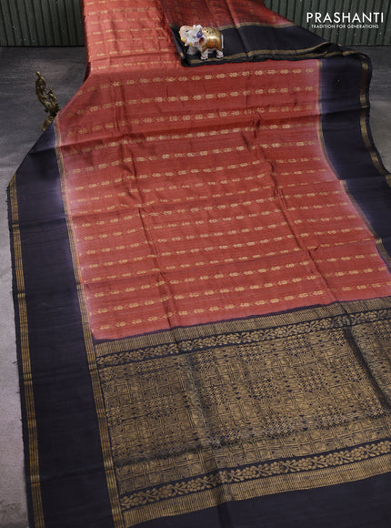 Pure dupion silk saree rust shade and black with allover zari woven buttas and rettapet zari woven border