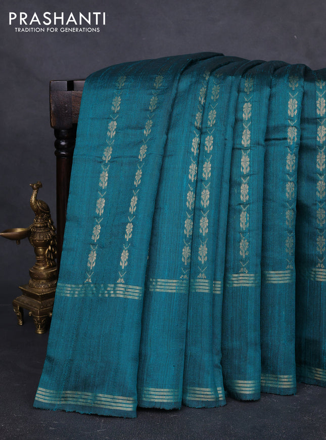 Pure dupion silk saree peacock green with allover zari woven buttas and rettapet zari woven border