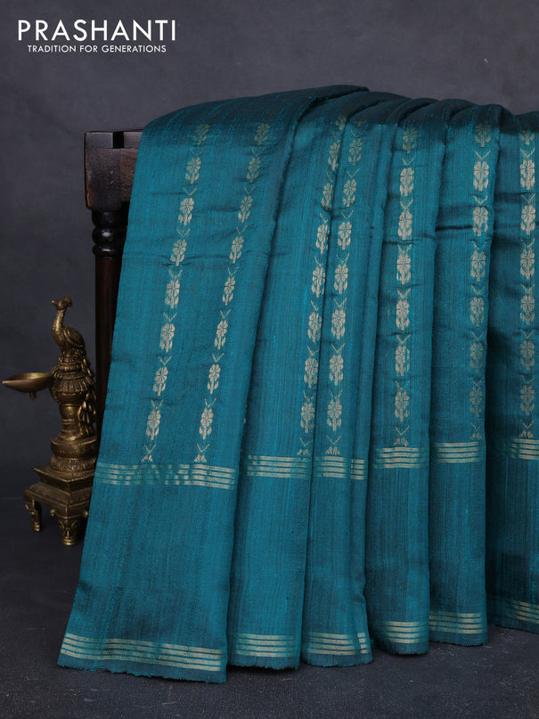 Pure dupion silk saree peacock green with allover zari woven buttas and rettapet zari woven border