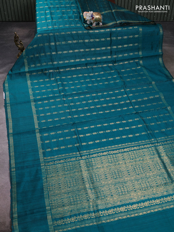Pure dupion silk saree peacock green with allover zari woven buttas and rettapet zari woven border