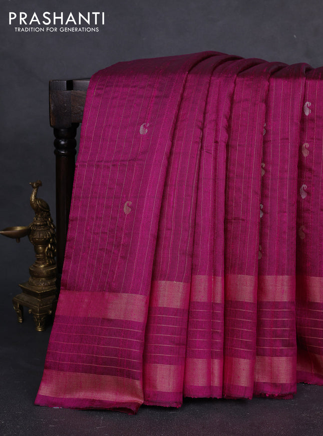 Pure dupion silk saree pink with allover zari stripe & buttas and rettapet zari woven border