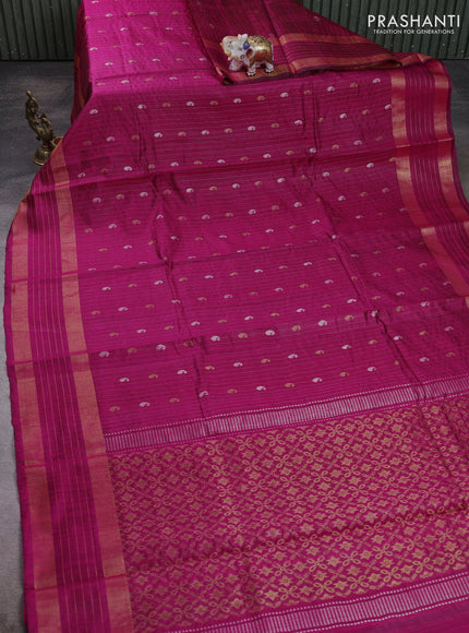 Pure dupion silk saree pink with allover zari stripe & buttas and rettapet zari woven border