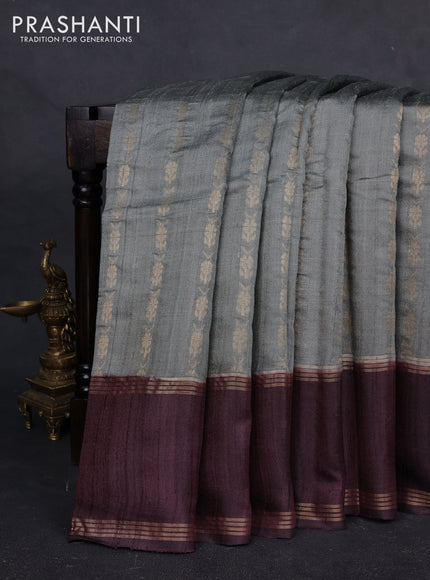 Pure dupion silk saree grey and coffee brown with allover zari woven buttas and rettapet zari woven border