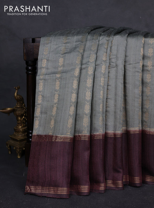 Pure dupion silk saree grey and coffee brown with allover zari woven buttas and rettapet zari woven border