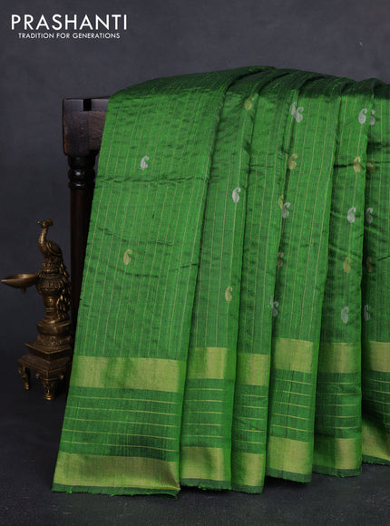 Pure dupion silk saree green with allover zari stripe & buttas and rettapet zari woven border