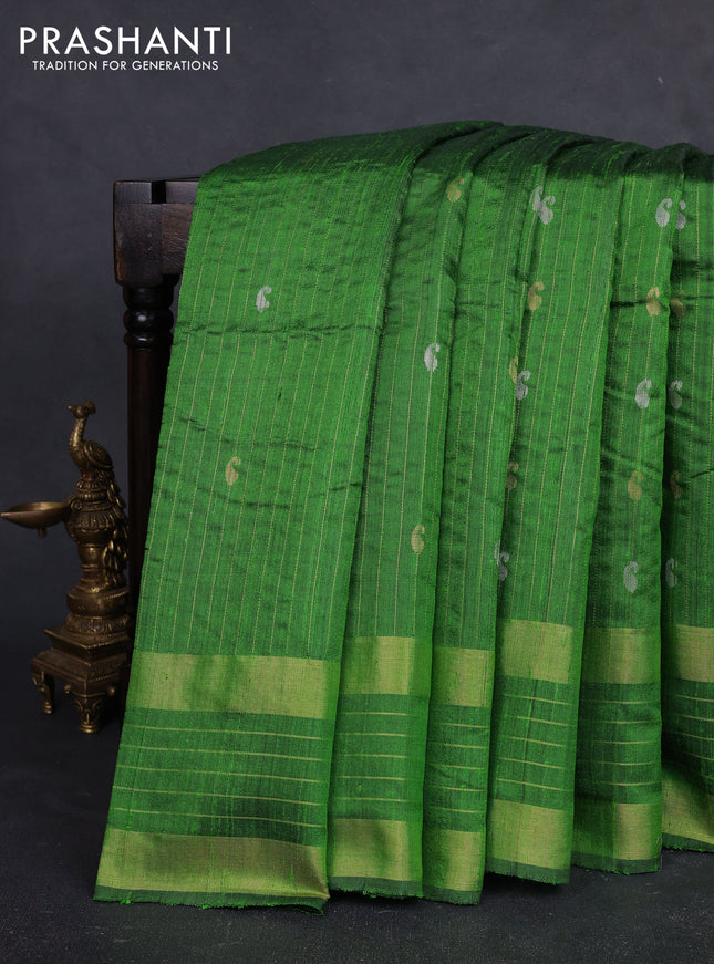 Pure dupion silk saree green with allover zari stripe & buttas and rettapet zari woven border