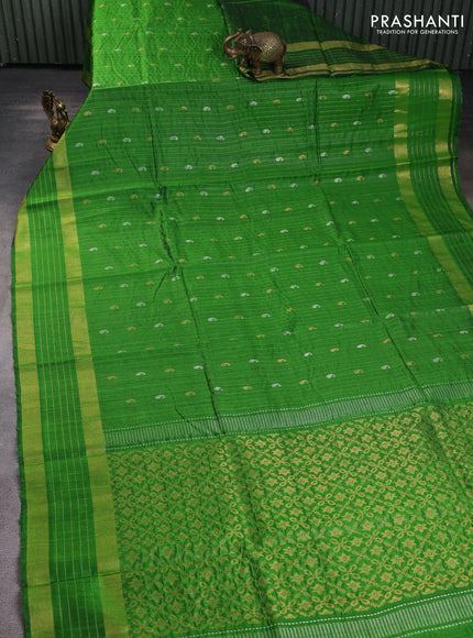 Pure dupion silk saree green with allover zari stripe & buttas and rettapet zari woven border