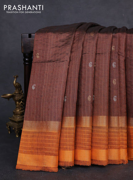 Pure dupion silk saree rust shade and orange with allover zari stripe & buttas and rettapet zari woven border